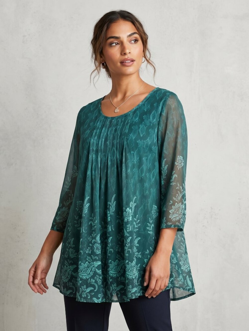 NWOT | Teal Green Semi-Sheer Mesh Floral Print Layered Pleated Front Blouse | XL